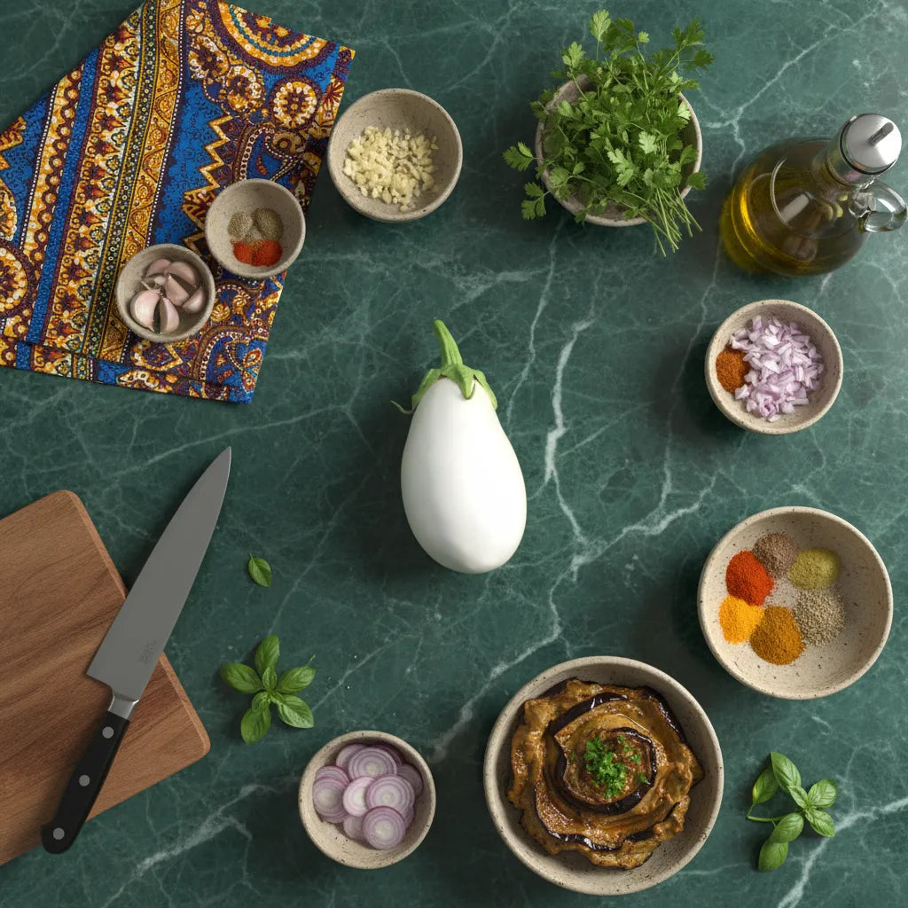 Aubergine blanche africaine entourée d’ingrédients frais sur un plan de travail. Idéale pour une cuisine africaine authentique.